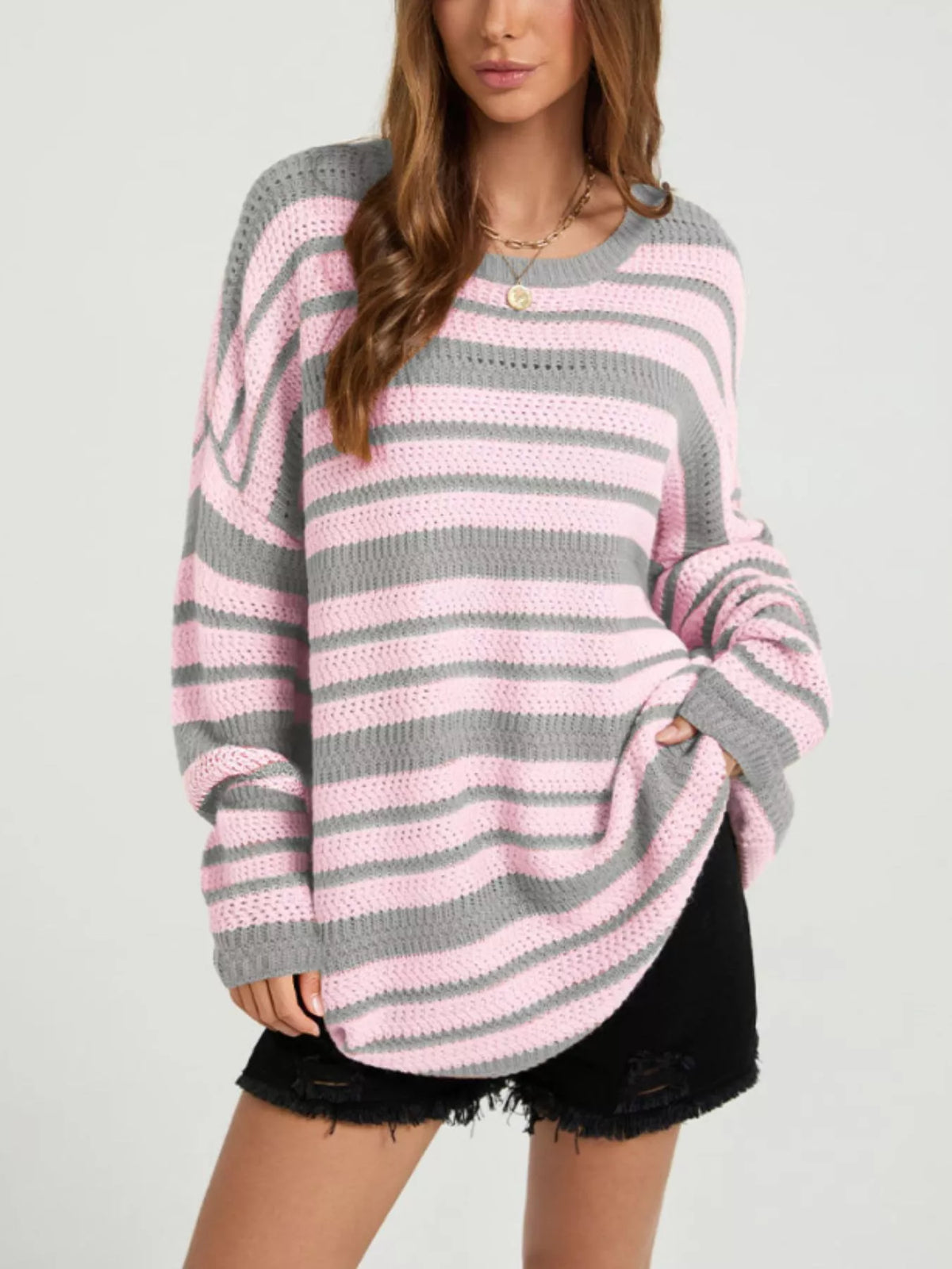 Trendsi women's striped drop shoulder sweater in soft knit fabric, featuring relaxed fit and casual style.