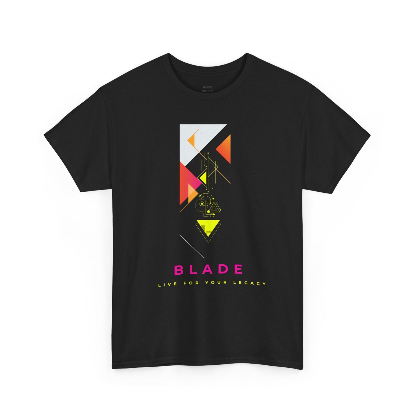 Pink and green geometric neon print T-shirt by Printify featuring bold, colorful shapes on a casual cotton shirt.