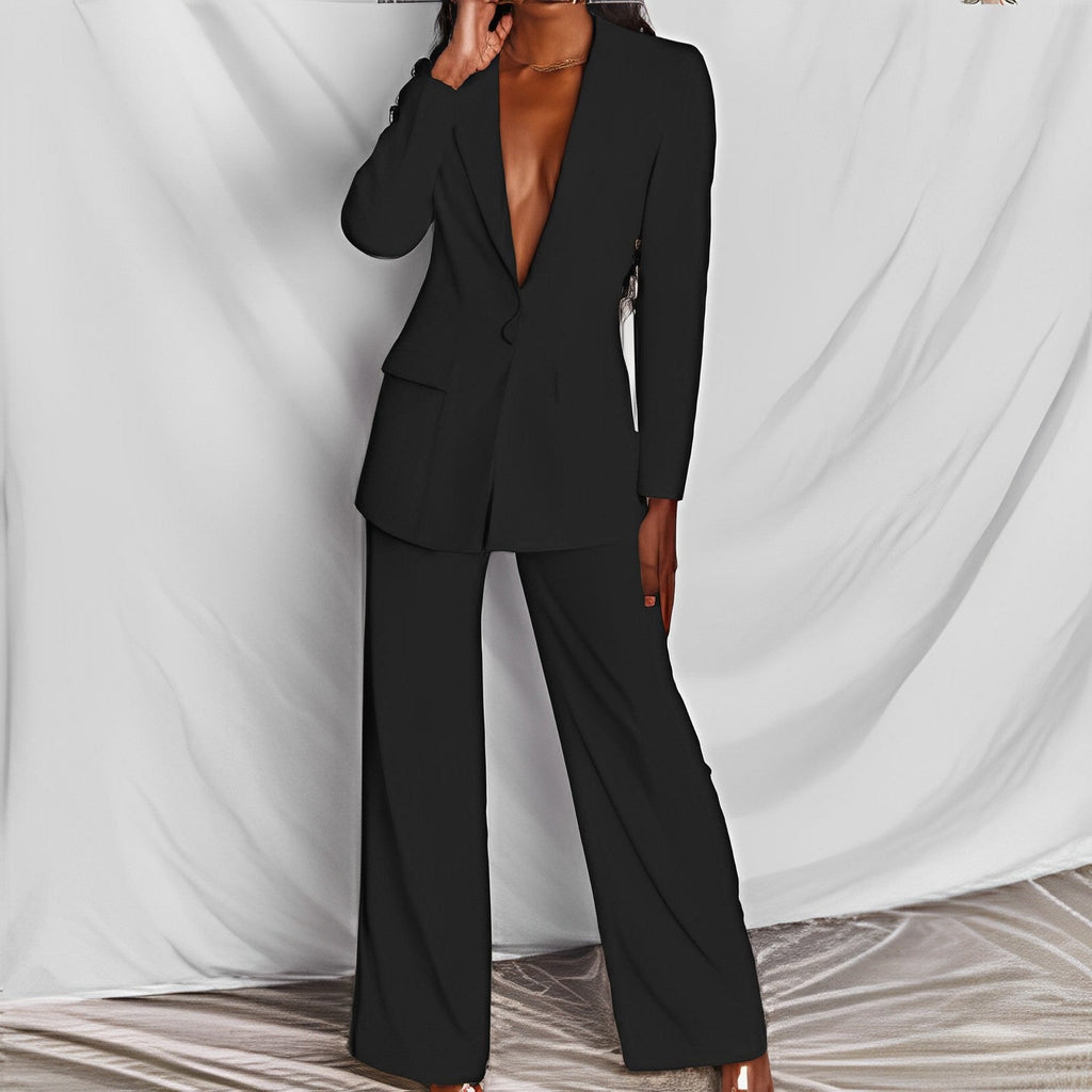 Women's FitiqueFit professional blazer and trousers suit set, featuring a long sleeve blazer and full-length trousers.