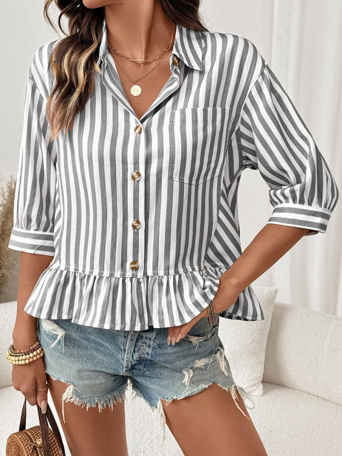 Women’s lightweight striped viscose blouse with ruffled hem, button-down style by Plush Fashion Hub