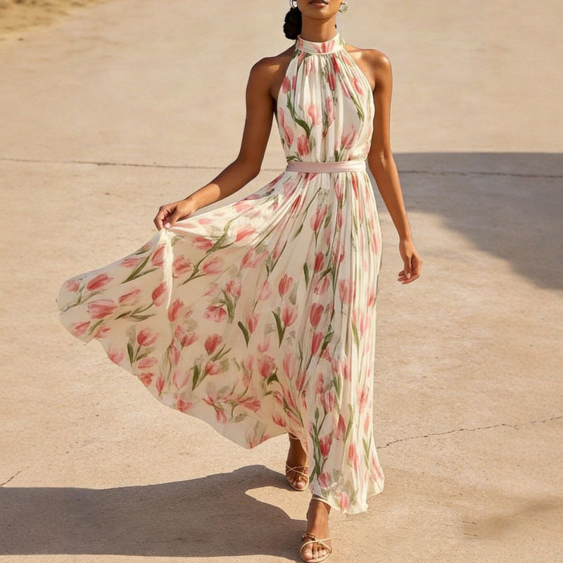 Women's halterneck high-waist swing dress by FitiqueFit featuring floral and solid print casualwear, displayed on a hanger.