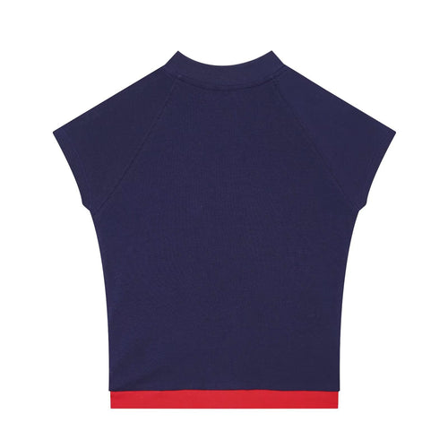 Dark blue sleeveless top by eprolo featuring zipper embellishments and printed design