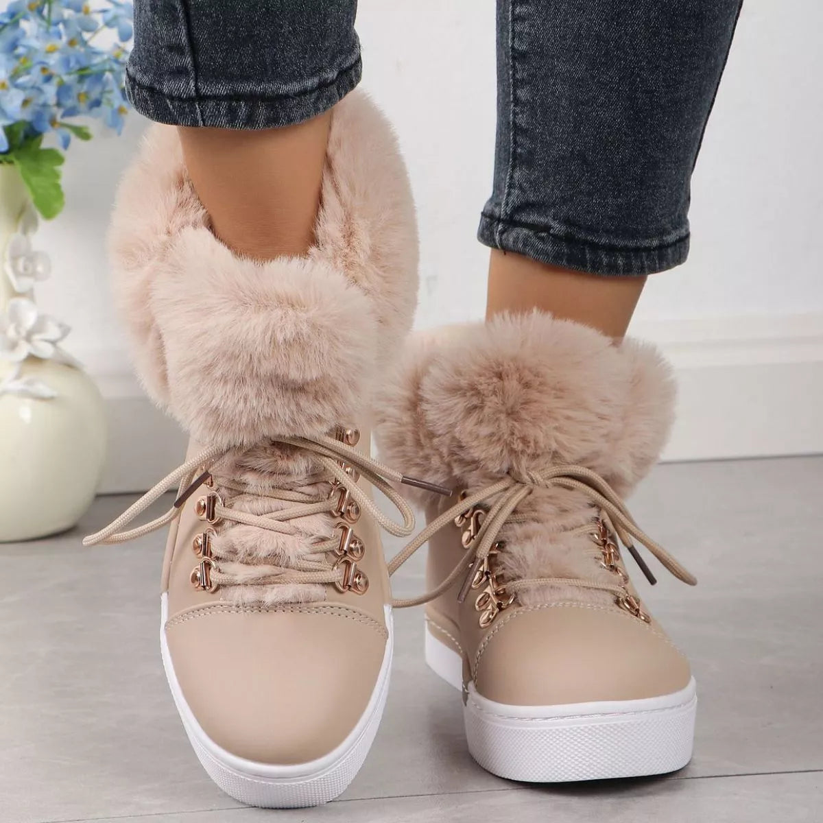 Fuzzy trim lace-up ankle boots by Simply Love featuring a cozy fuzzy cuff and stylish design for casual wear.
