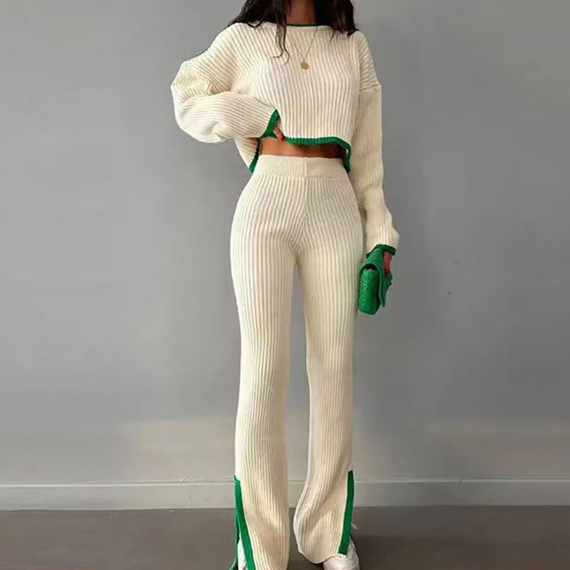 Women’s casual color-block two-piece set by FitiqueFit, featuring a stylish top and matching pants in vibrant colors.
