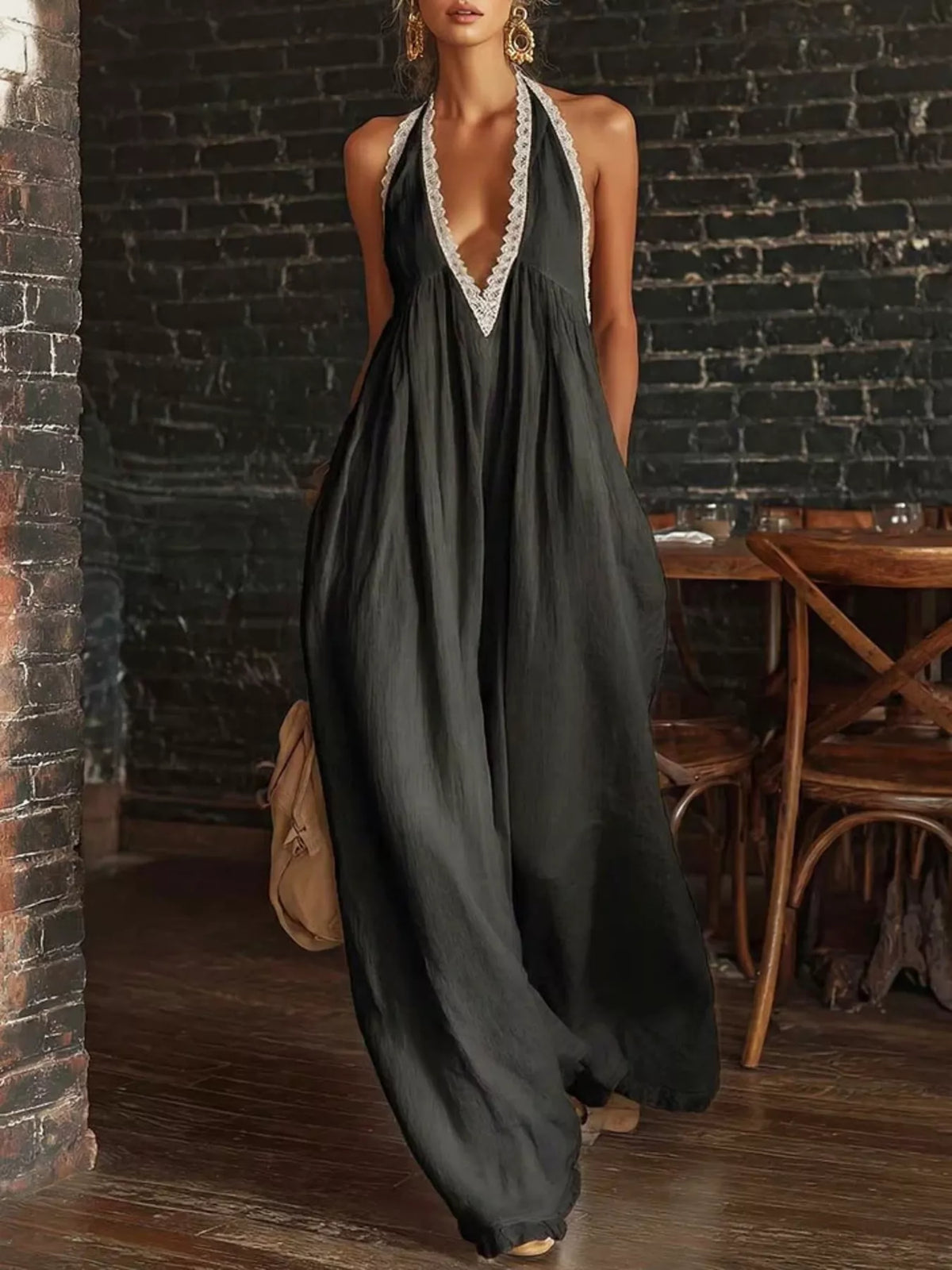 Plus size halter neck lace trim wide-leg jumpsuit by Plush Fashion Hub, featuring a stylish halter design and lace details.