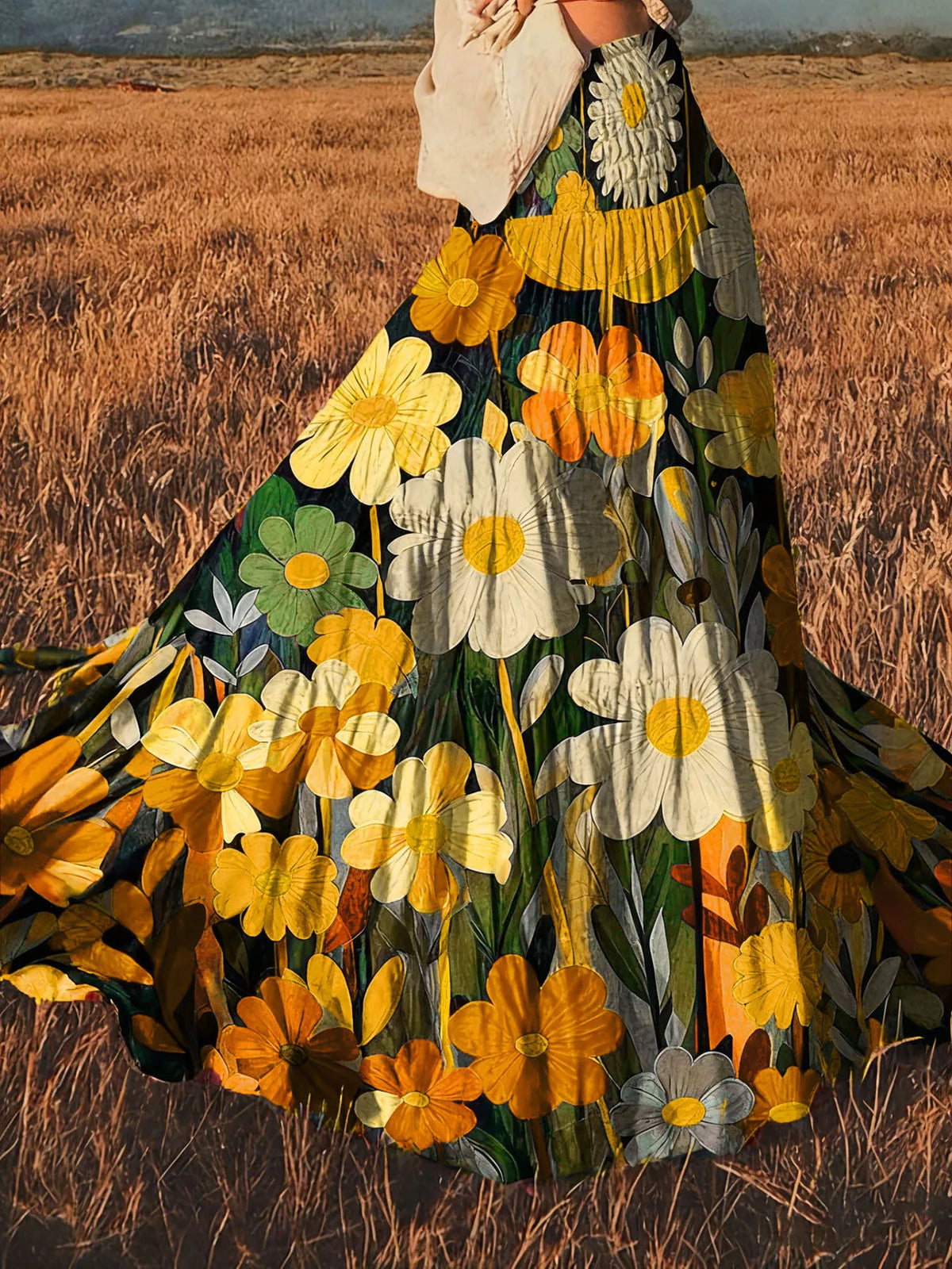 Floral print high-waisted maxi skirt from Trendsi, flowing fabric with vibrant flower patterns perfect for summer or casual wear.