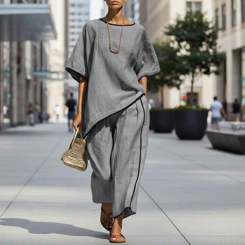 Plush Fashion Hub women's casual resort loose short-sleeve top and matching pants set, comfortable and stylish casualwear.