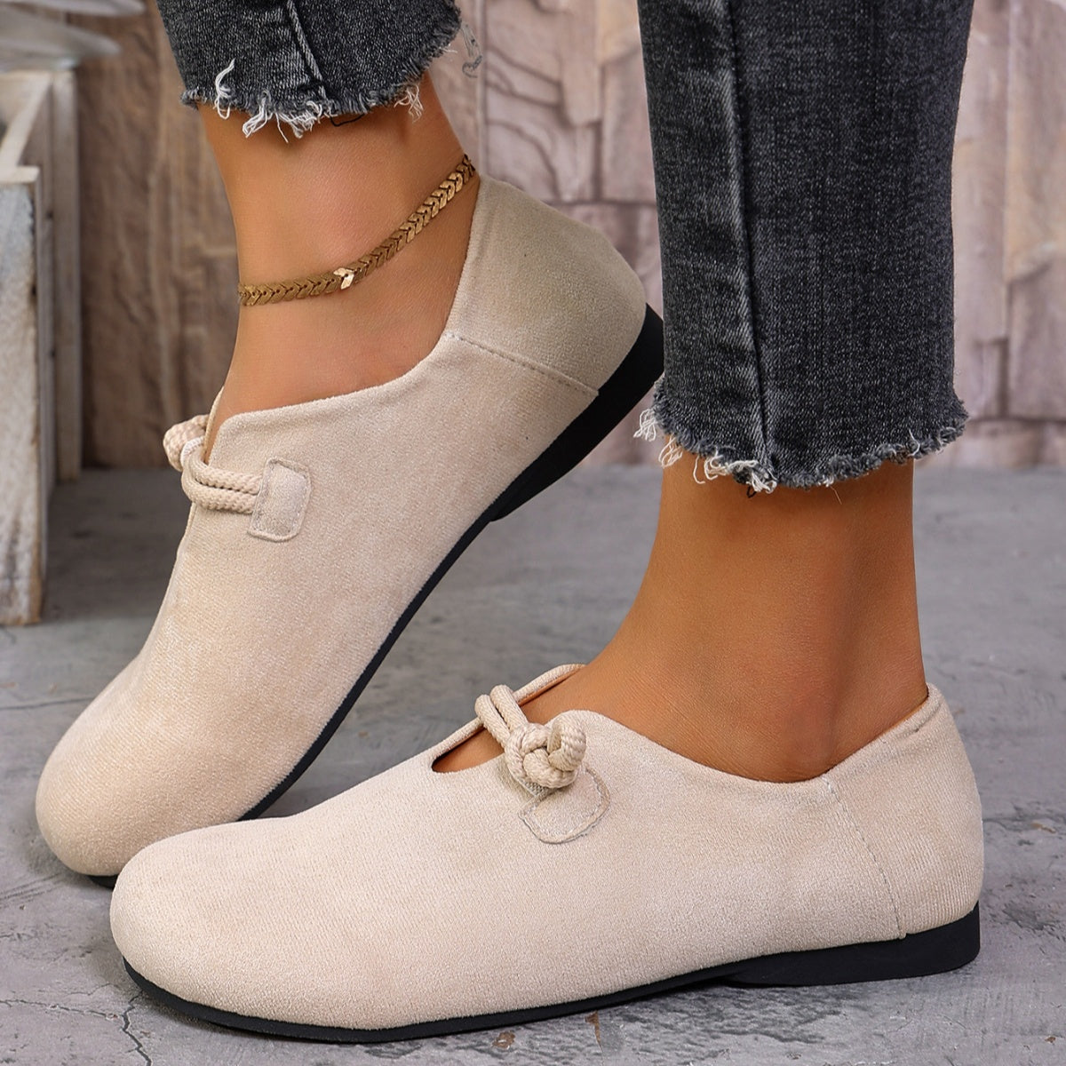 Trendsi round toe slip-on footwear in neutral color, comfortable design, perfect for casual and everyday wear.