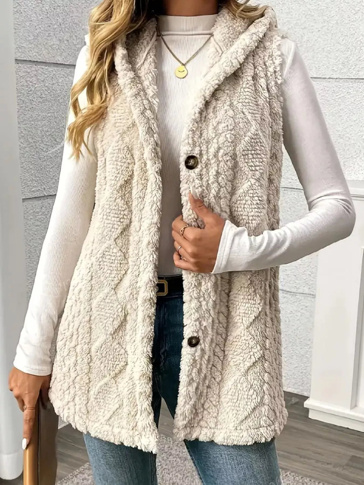 Simply Love hooded button-up sherpa vest coat with a cozy fleece lining and front pockets, perfect for layered winter style.