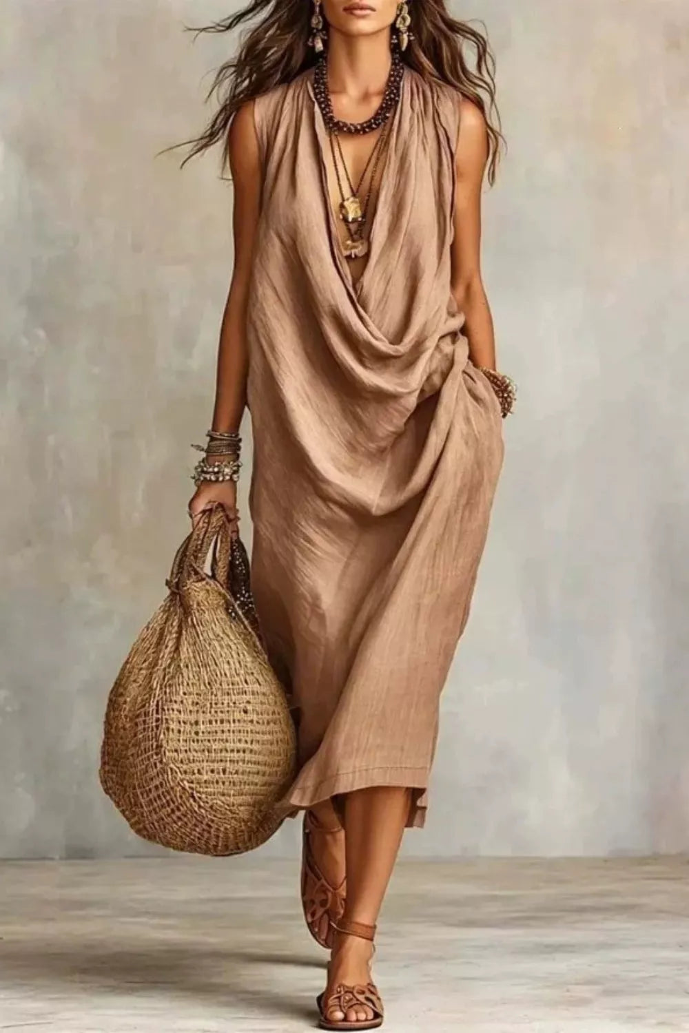 Sleeveless drape neck midi dress by Plush Fashion Hub featuring a flowing silhouette and elegant design.