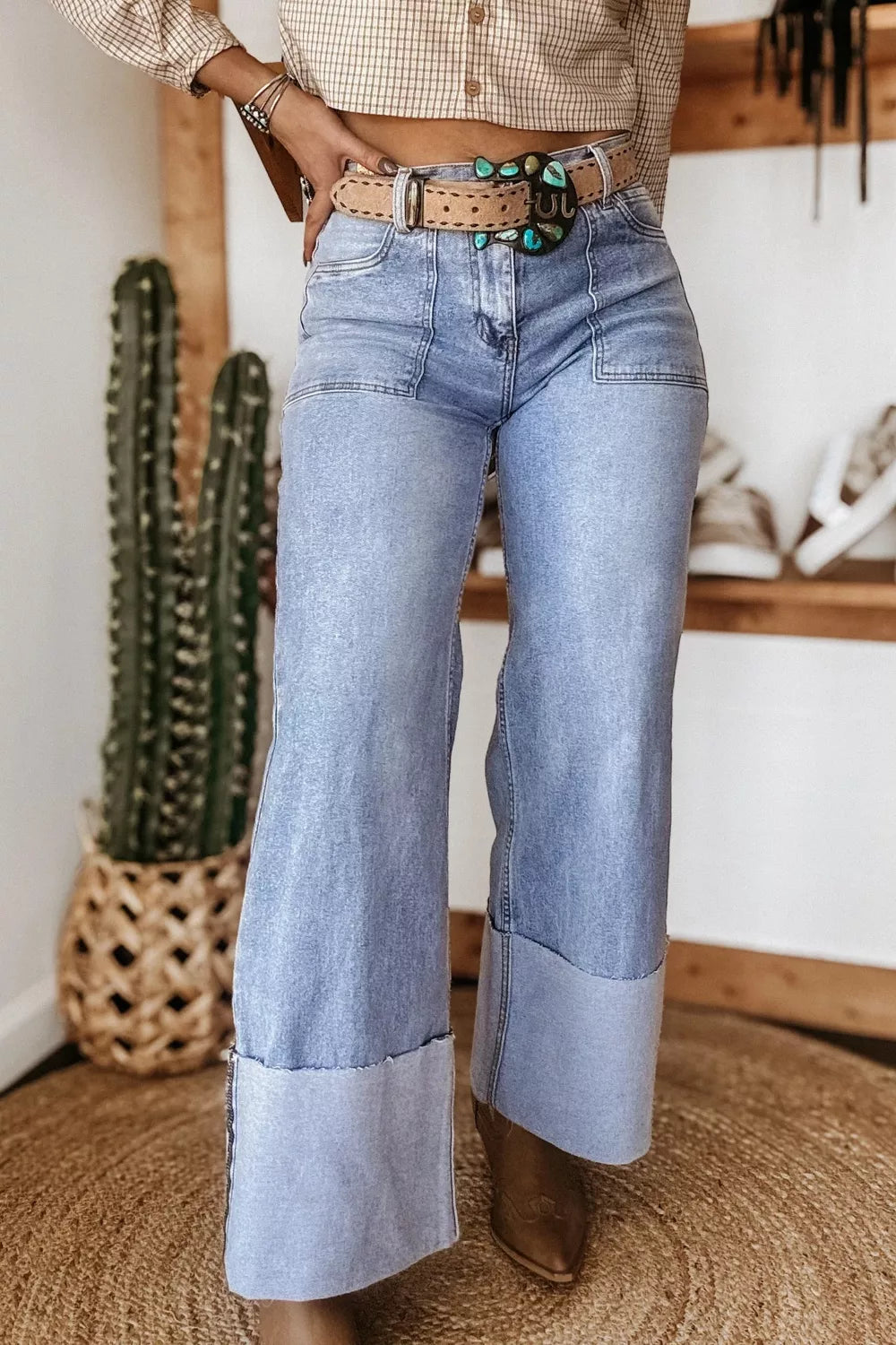 Loose jeans with turn-up cuffs by Plush Fashion Hub, featuring a relaxed fit and casual style, shown in the product image.