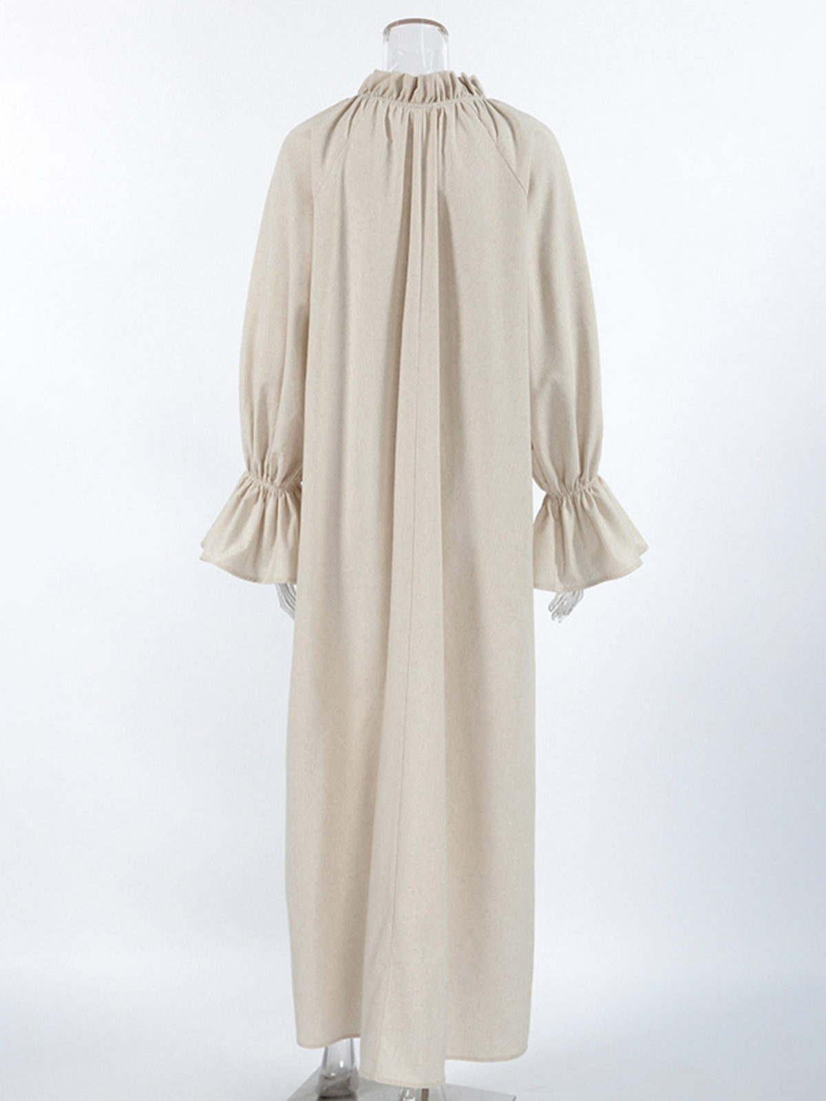 Cotton linen maxi dress by Plush Fashion Hub featuring a tie neck, flounce sleeves, and a flowing silhouette.