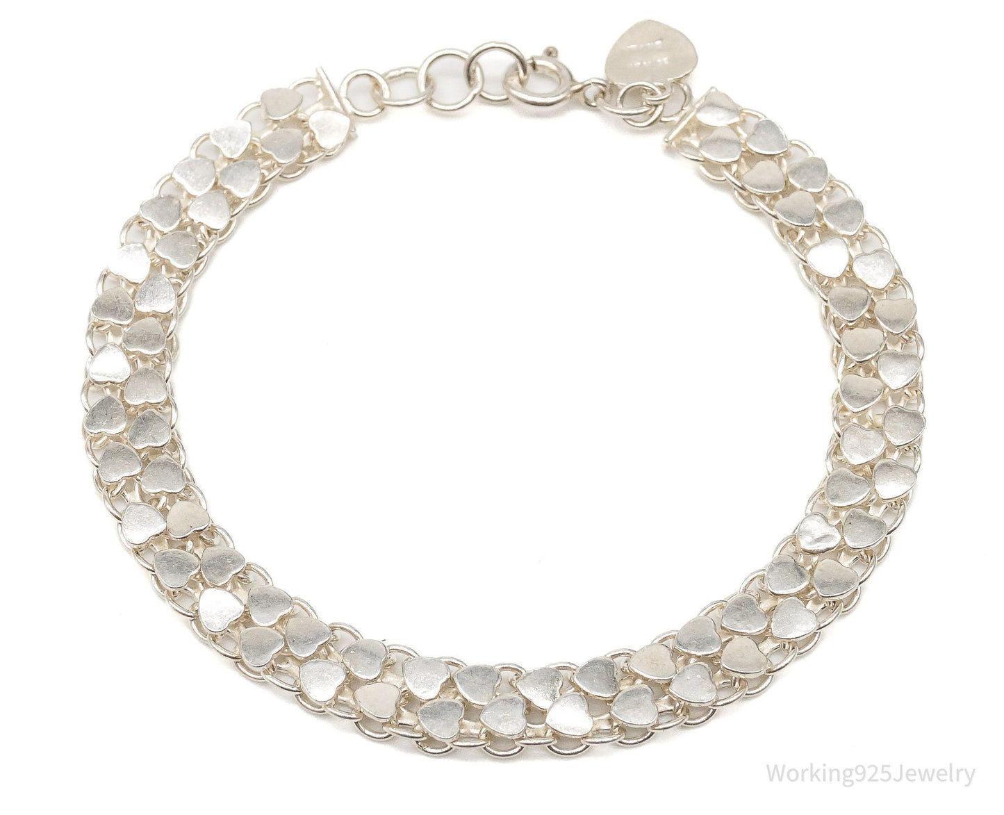 Vintage Hearts Mesh Chain Link Silver Bracelet Working 925 Jewelry