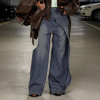 Washed Denim Multi-Button Straight Leg Jeans