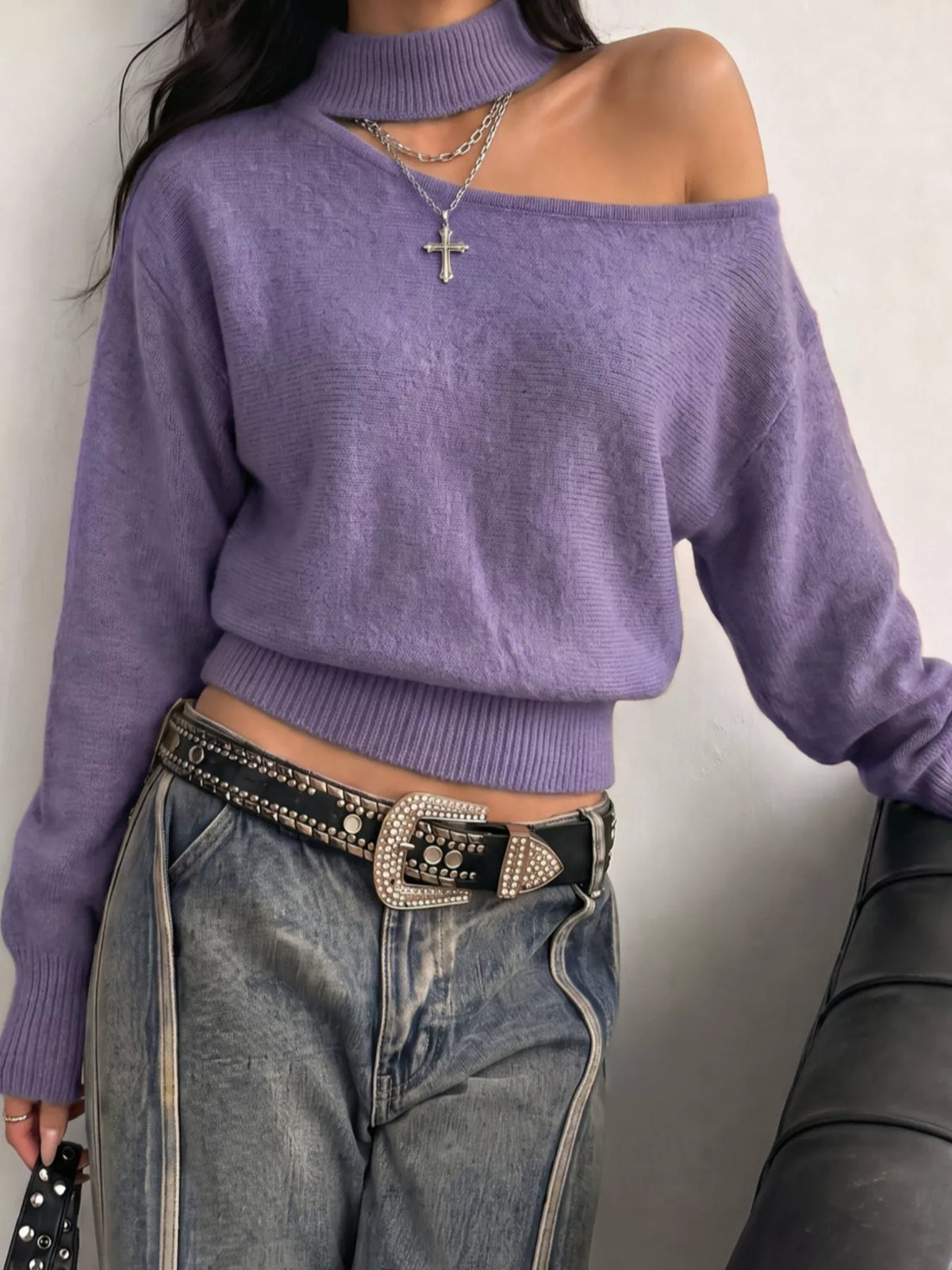 Cold-shoulder dropped shoulder sweater from Trendsi, featuring a cozy knit design with stylish cutouts and relaxed fit.