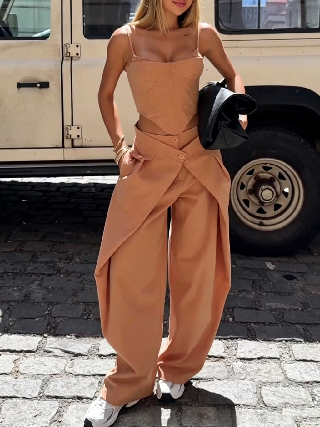 Camel spaghetti strap corset top and wide-leg pants set by FitiqueFit, casualwear, with XS to 2XL sizing, shown on a model.