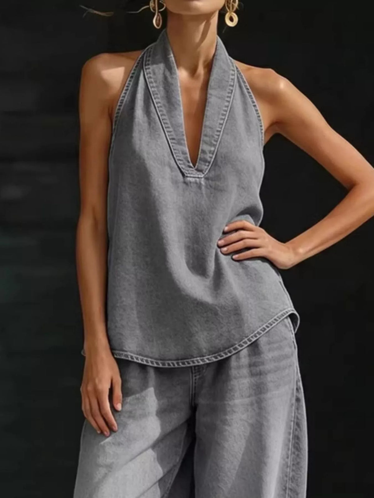 Plus size women's halter neck top and wide-leg pants two-piece set by Plush Fashion Hub, featuring a stylish dress design.
