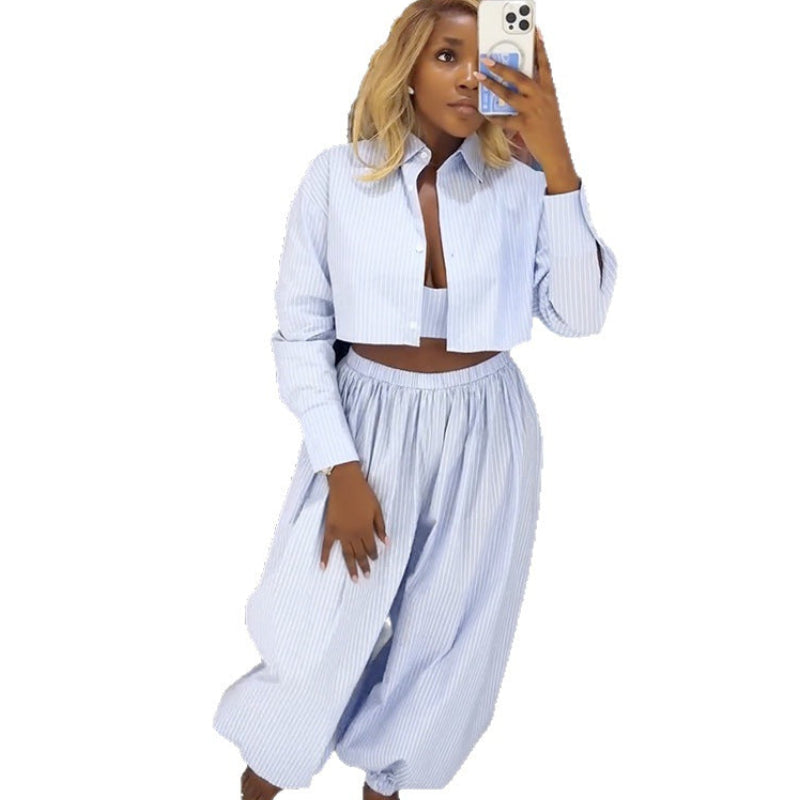 Striped strapless top and wide-leg pants set by Plush Fashion Hub, perfect for a stylish coastal chic summer look.
