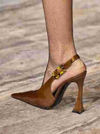 Eprolo pointed toe patent leather stiletto heels showing sleek black shiny finish and elegant heel design.