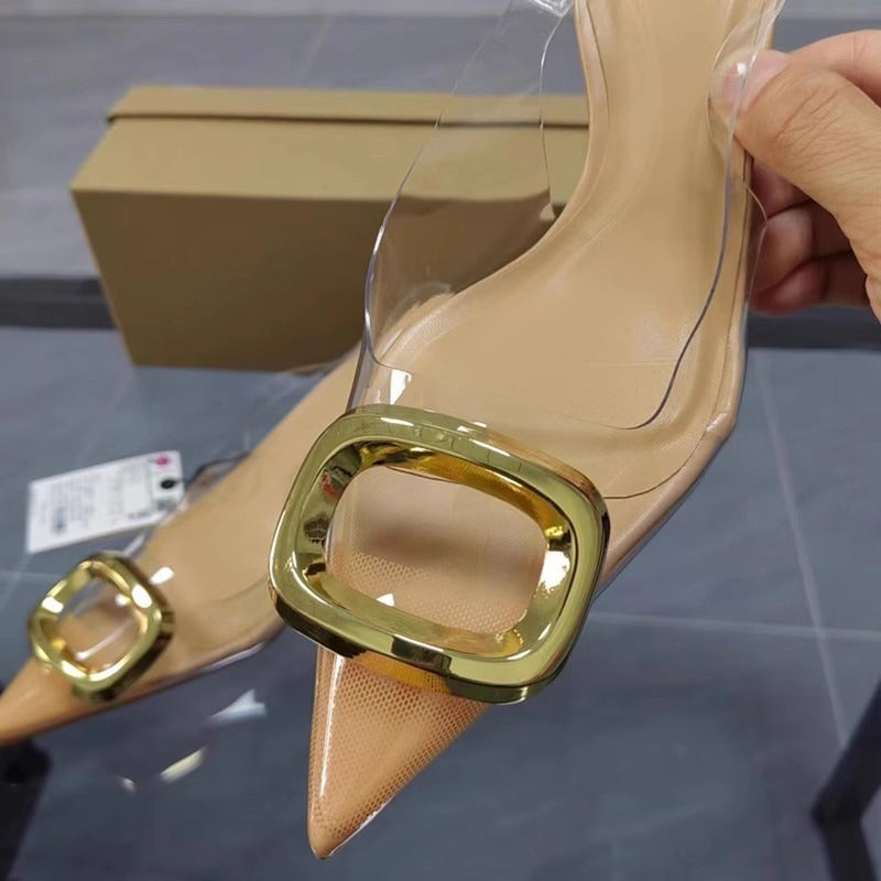 Eprolo Lucent stiletto sandals with metal buckle, clear heels and elegant design, perfect for stylish evening wear.