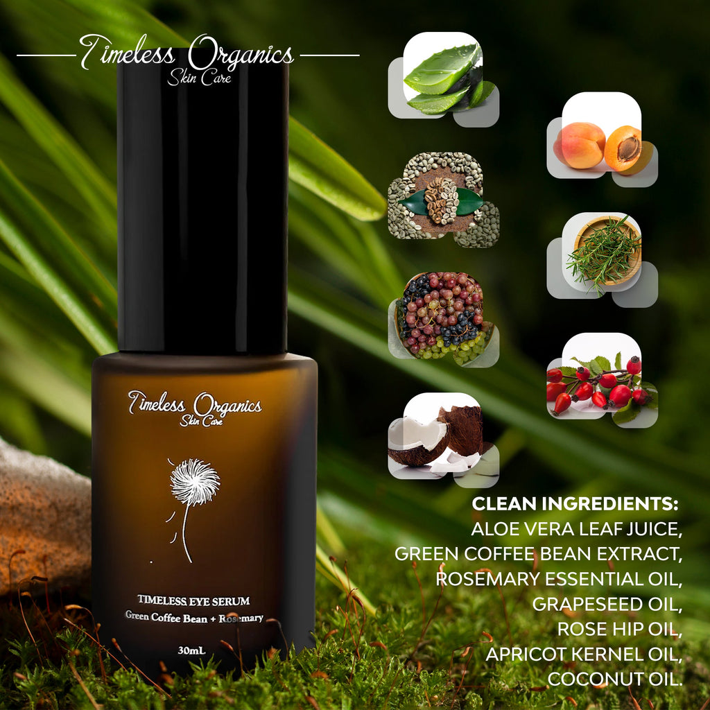 Timeless Organics Skin Care Timeless Eye Serum in a sleek bottle, designed to reduce puffiness and brighten the under-eye area.