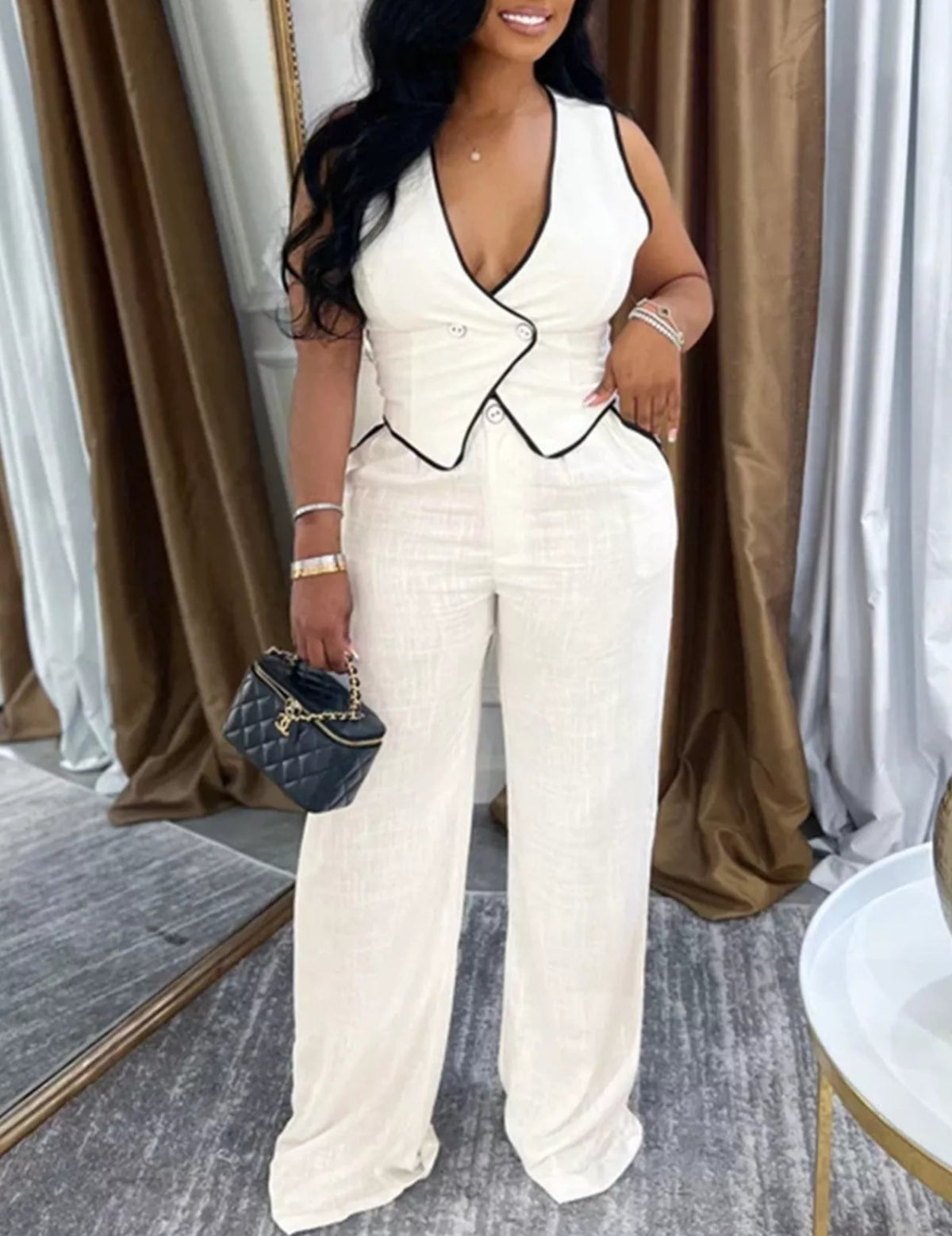 Trendsi contrast trim vest and wide-leg pants two-piece sweater set, featuring a stylish layered look and modern design.