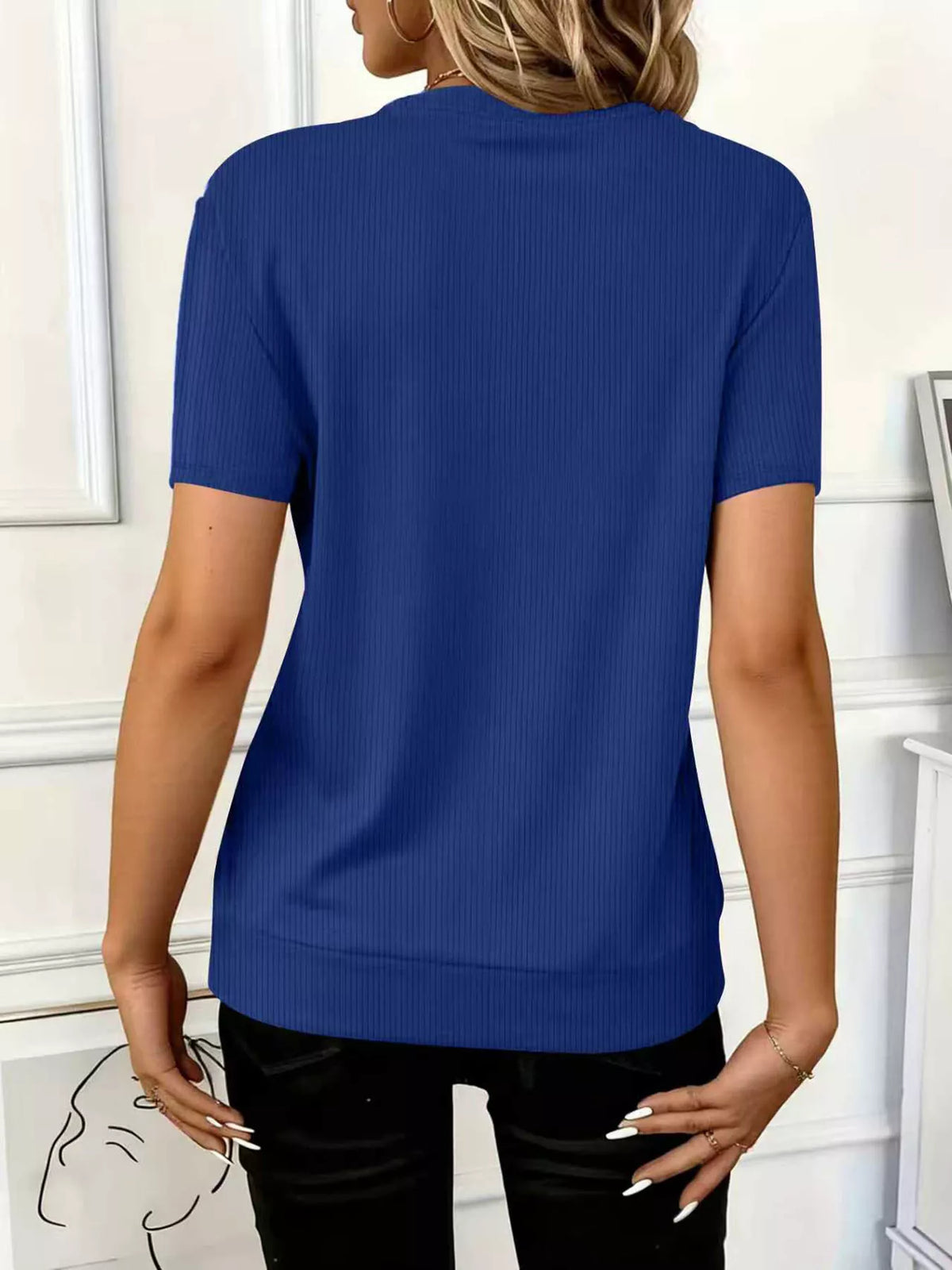 Women's ribbed half zip short sleeve casual top by Plush Fashion Hub, showing the fitted ribbed knit fabric and half zip neckline.