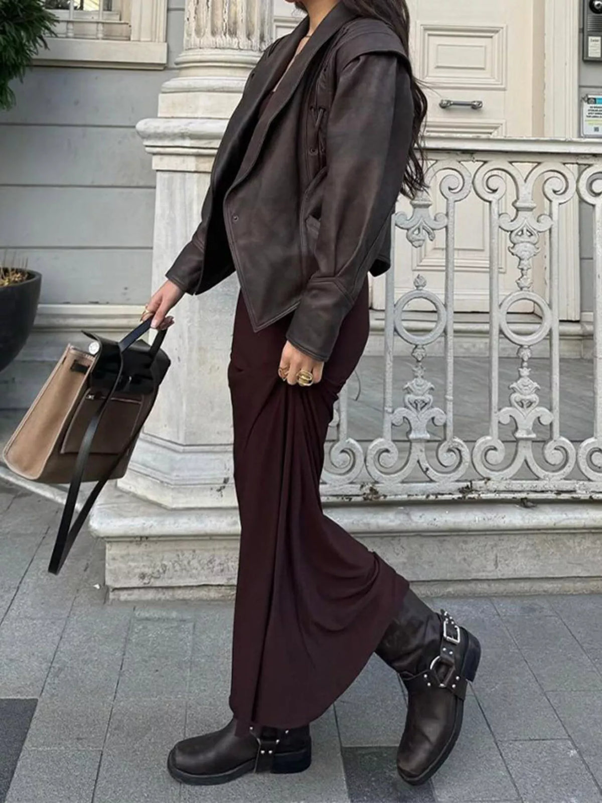 Women's leather belted jacket with shawl collar, stylish Trendsi jacket featuring a flattering fit and classic design.