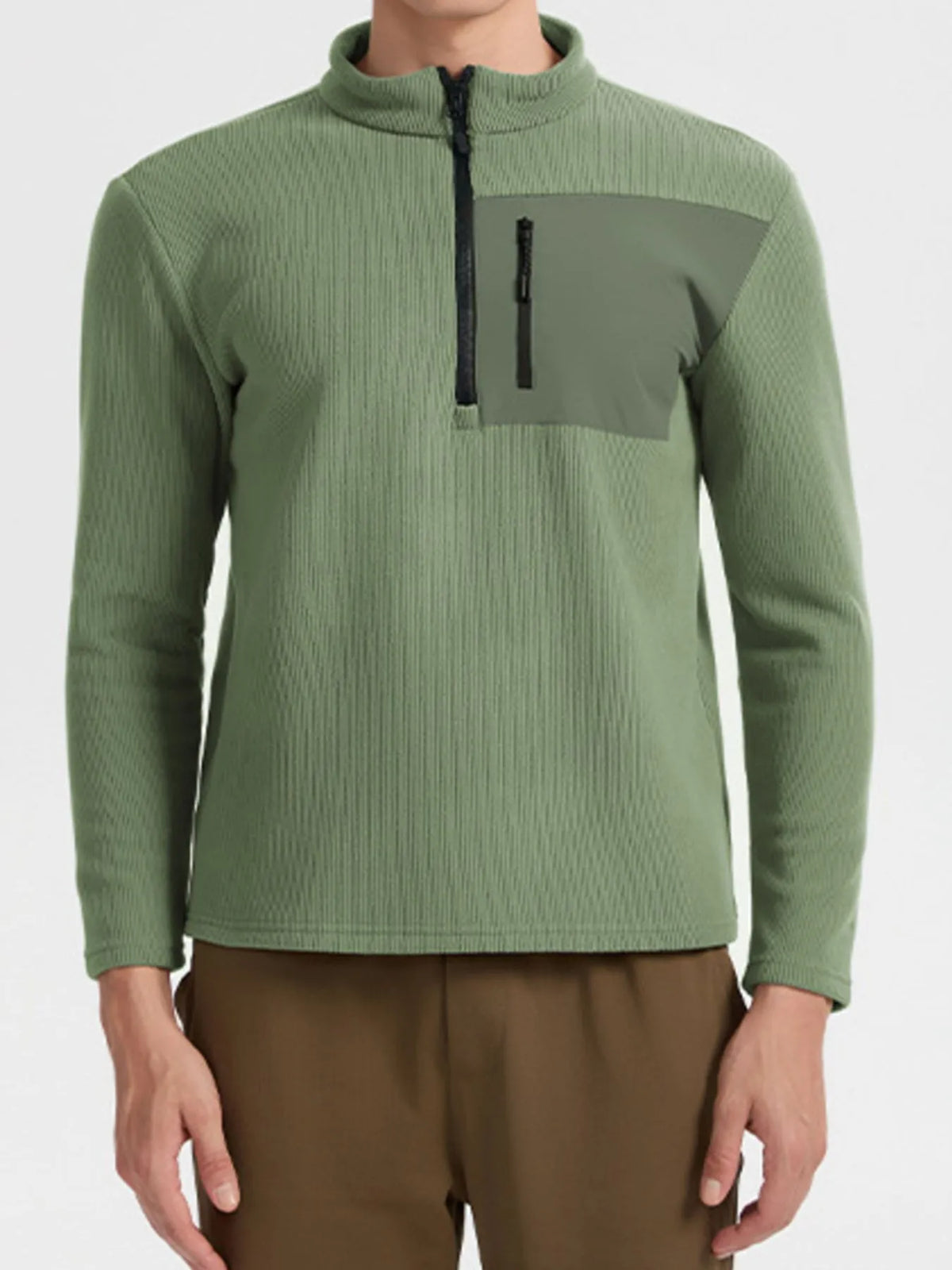 Men's plus size fleece sweatshirt with half-zip, chest pocket, in black, featuring a comfortable, casual fit.