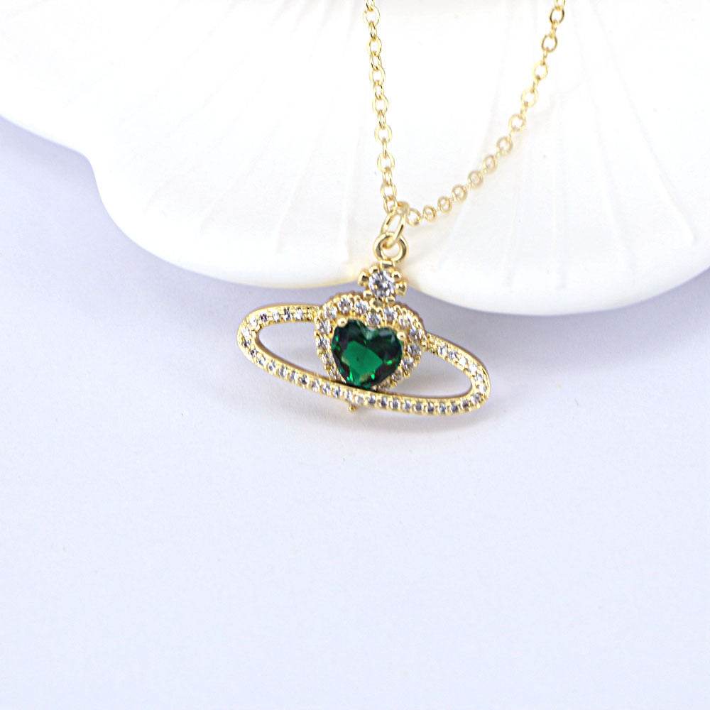 Ladies Fashion Personality Zircon Love Necklace with geometric bohemian design and green zircon pendant.