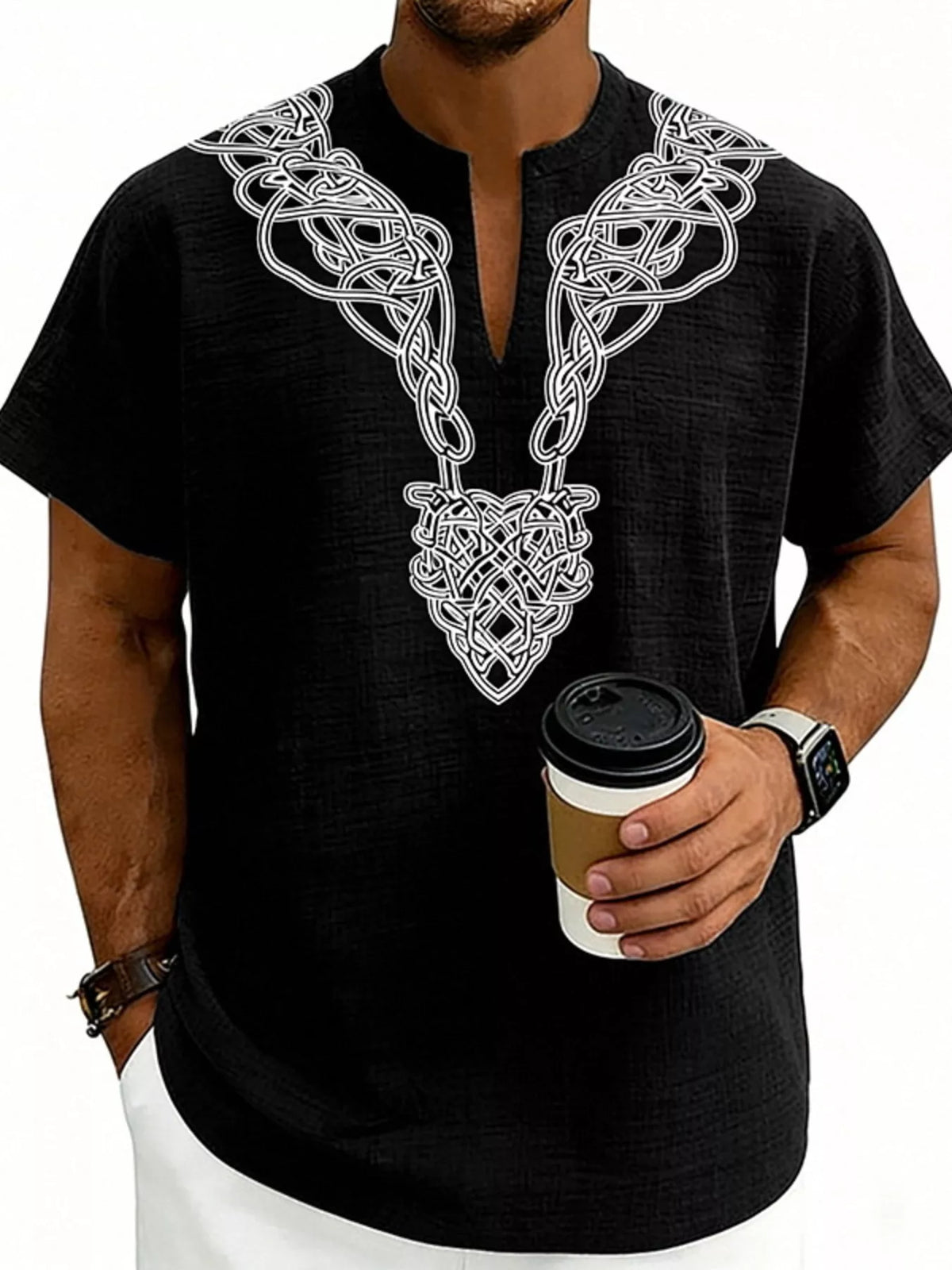 Men's plus size printed short sleeve blouse with notched collar by Plush Fashion Hub, featuring a stylish design and comfortable fit.