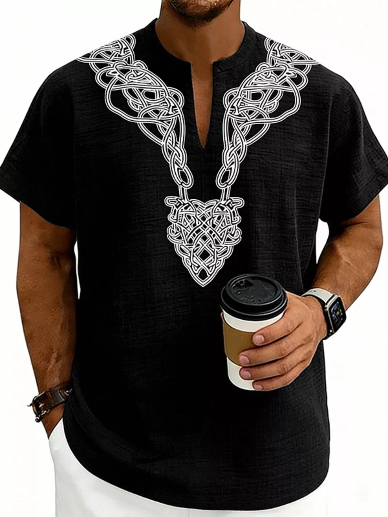 Men's plus size printed short sleeve blouse with notched neckline, stylish casual top by Trendsi, shown in a full-size fit.