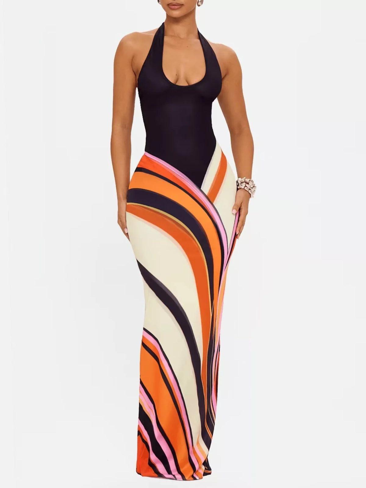 Plush Fashion Hub halter neck maxi dress with abstract print, flowing fabric and sleeveless design, perfect for summer events.