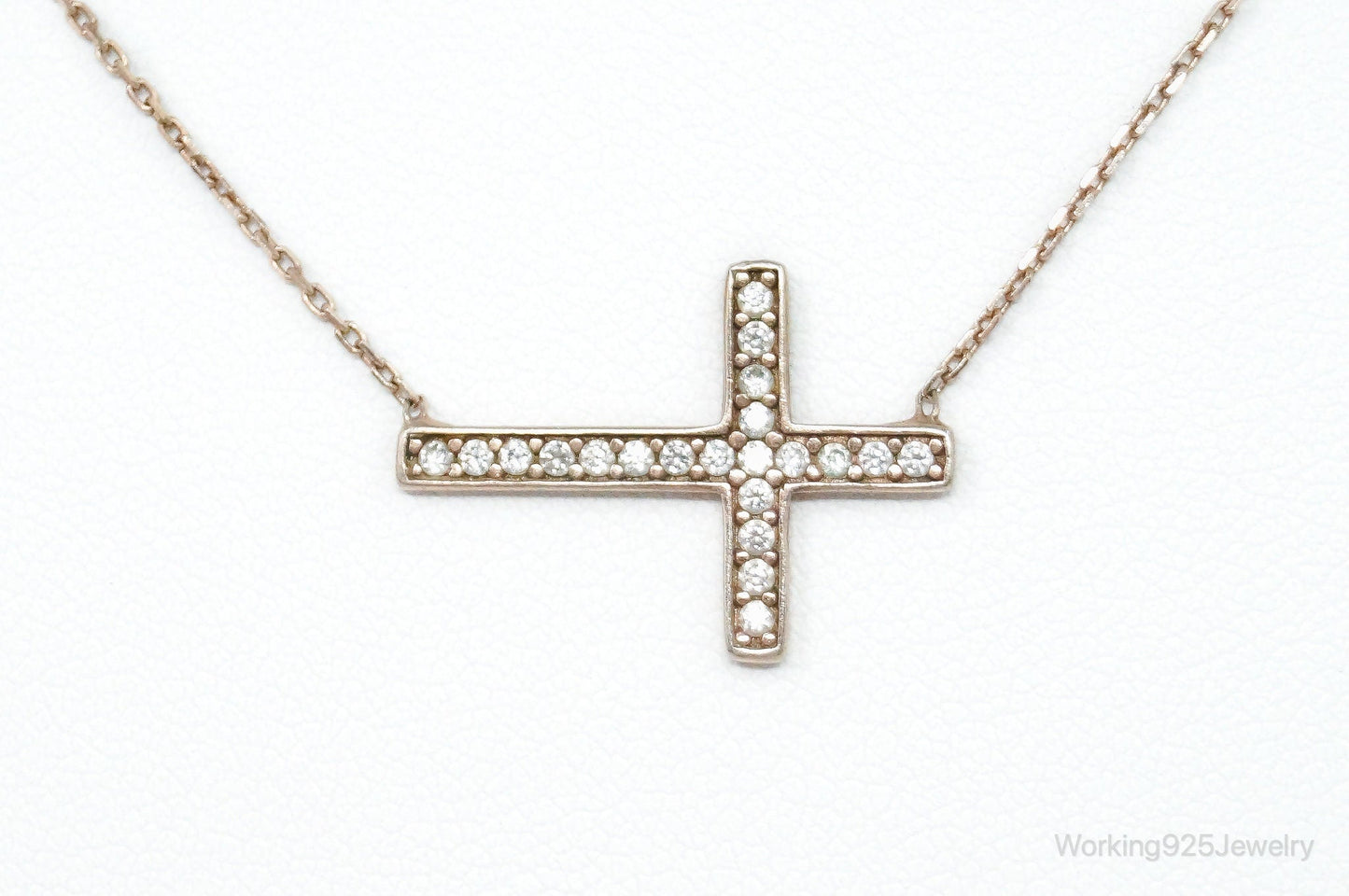Vintage Cubic Zirconia Rose Gold Vermeil Sterling Silver Cross Necklace Working 925 Jewelry