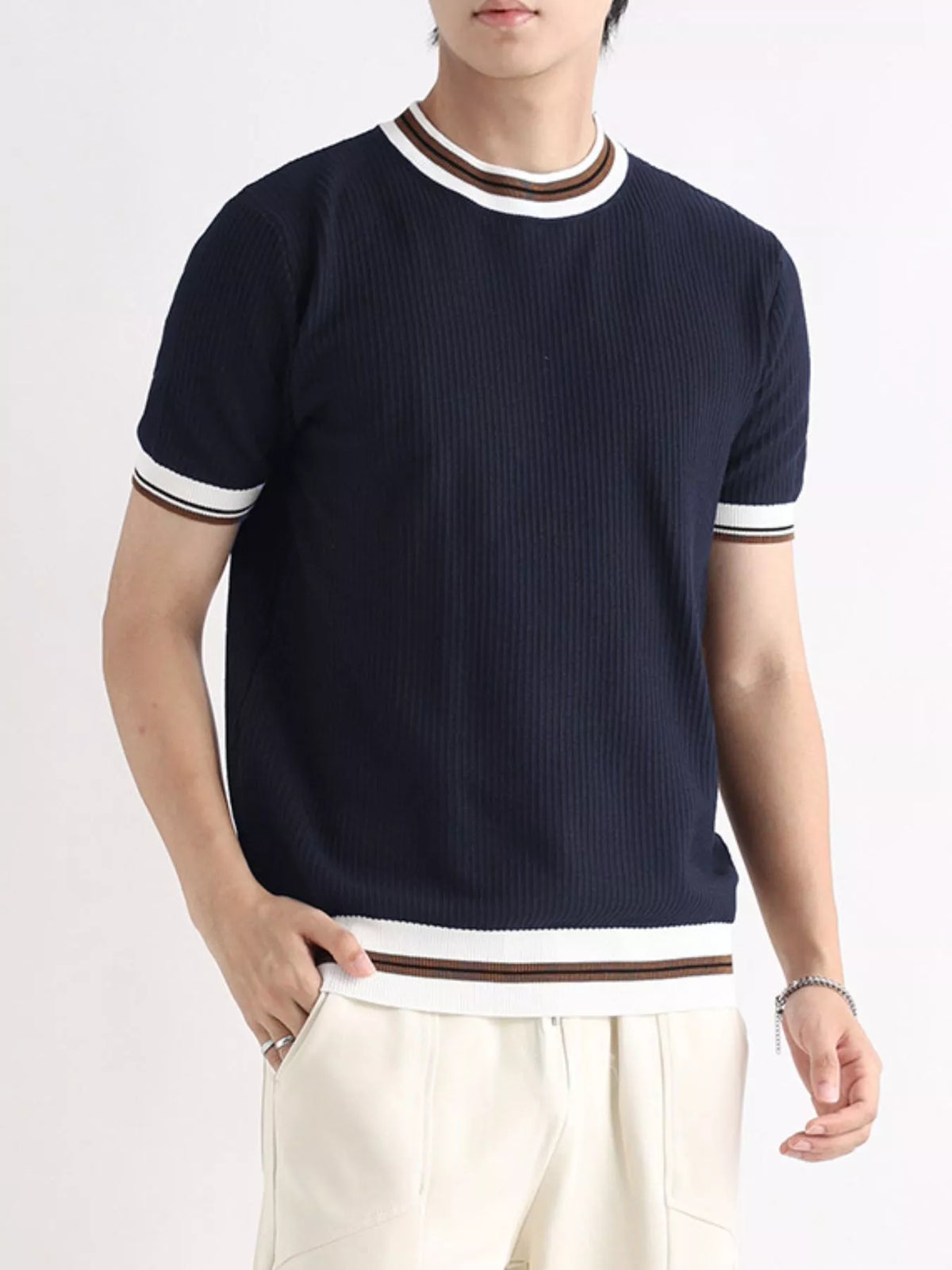 Plus size men's contrast trim short sleeve T-shirt from Plush Fashion Hub, featuring a casual fit and stylish design.