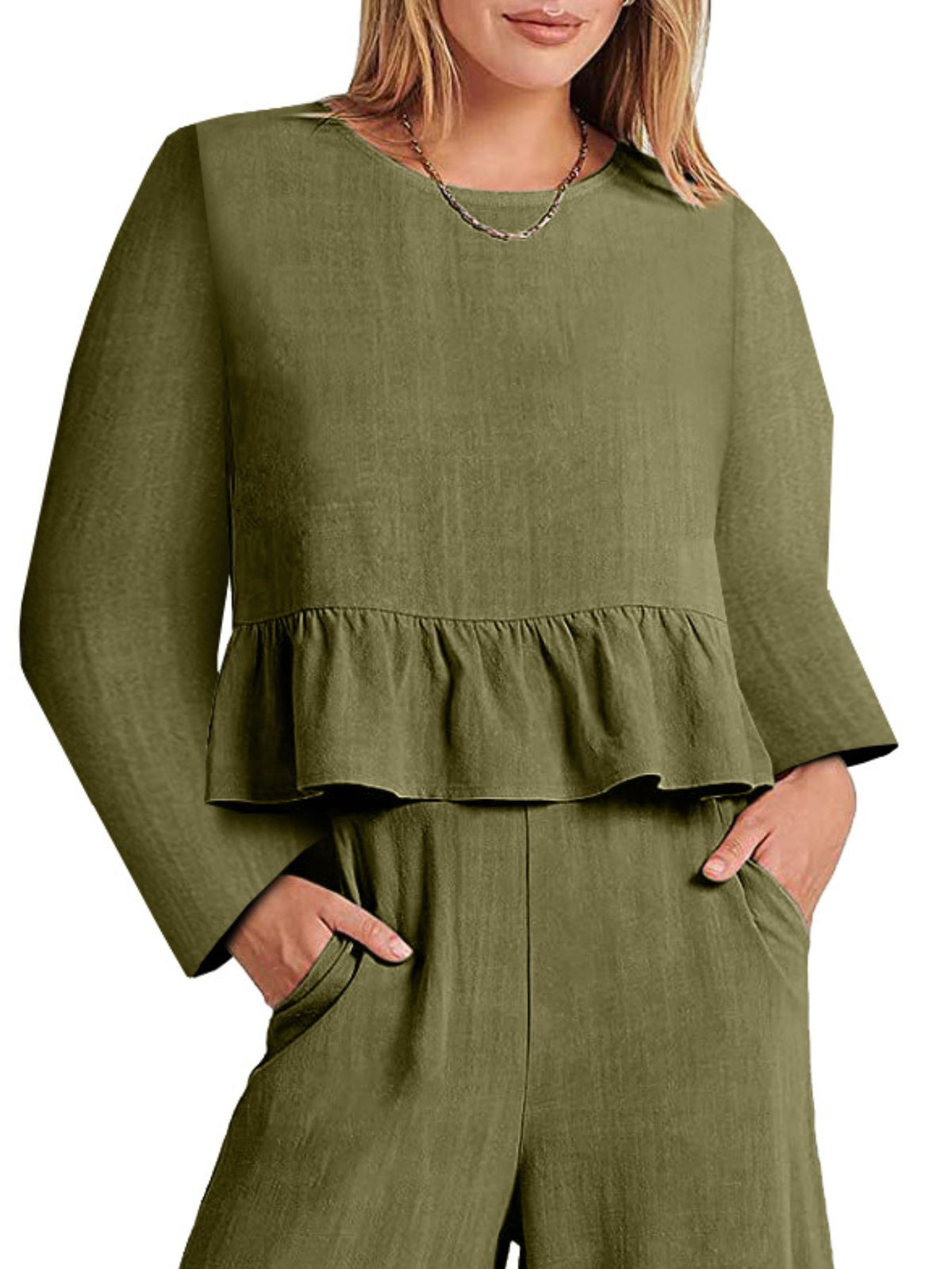 Plush Fashion Hub women's long sleeve ruffled hem top and matching pants lounge set with pockets, casual and comfortable for home wear.