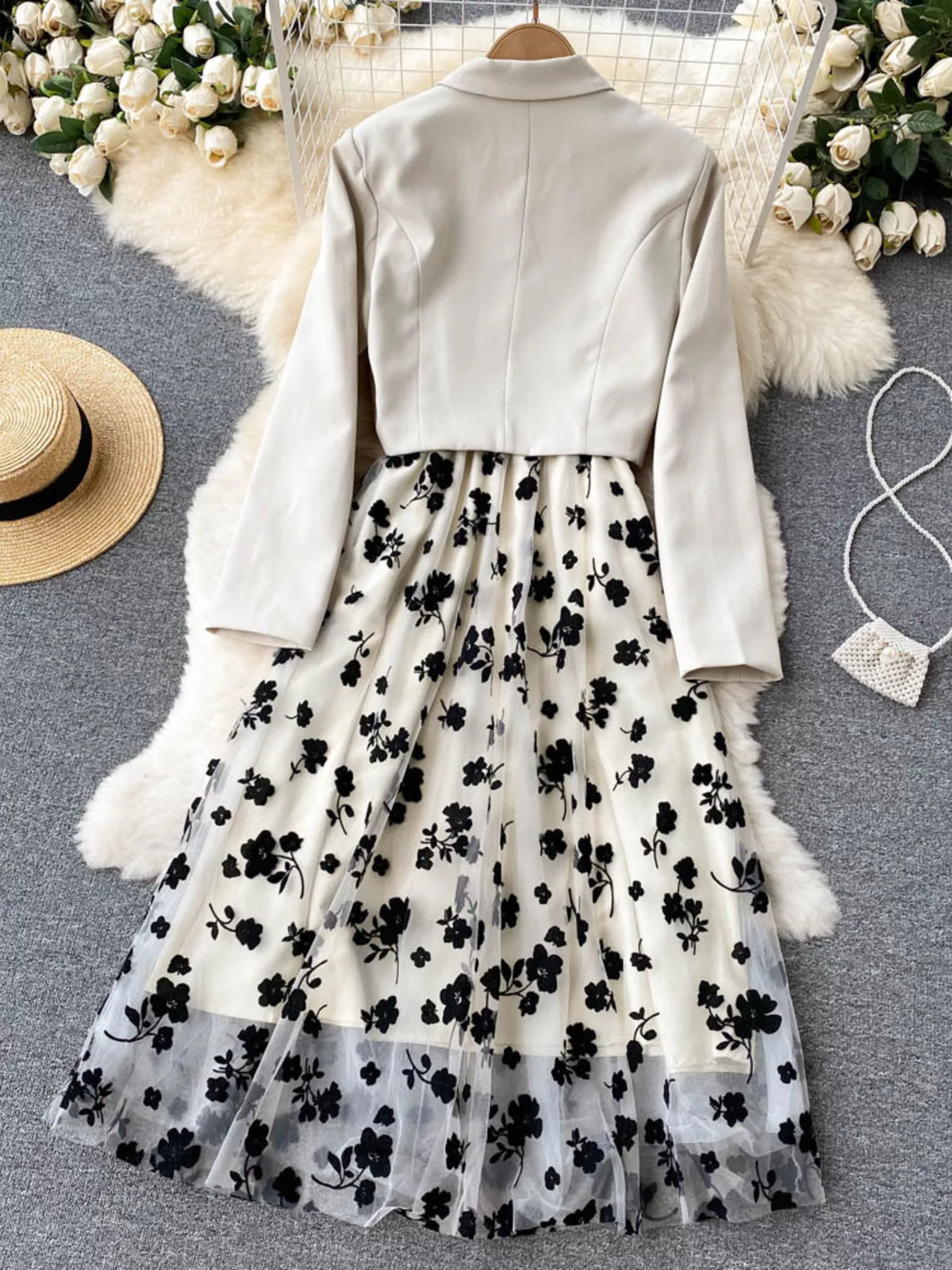 Elegant floral mesh two-piece dress and blazer set by Plush Fashion Hub, featuring a stylish floral pattern and sophisticated design.