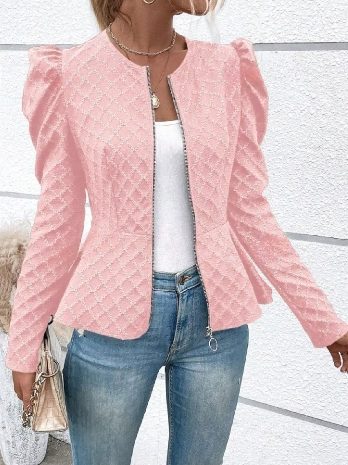 Women’s textured jacquard jacket with puff sleeves from Trendsi, featuring a stylish and modern design.