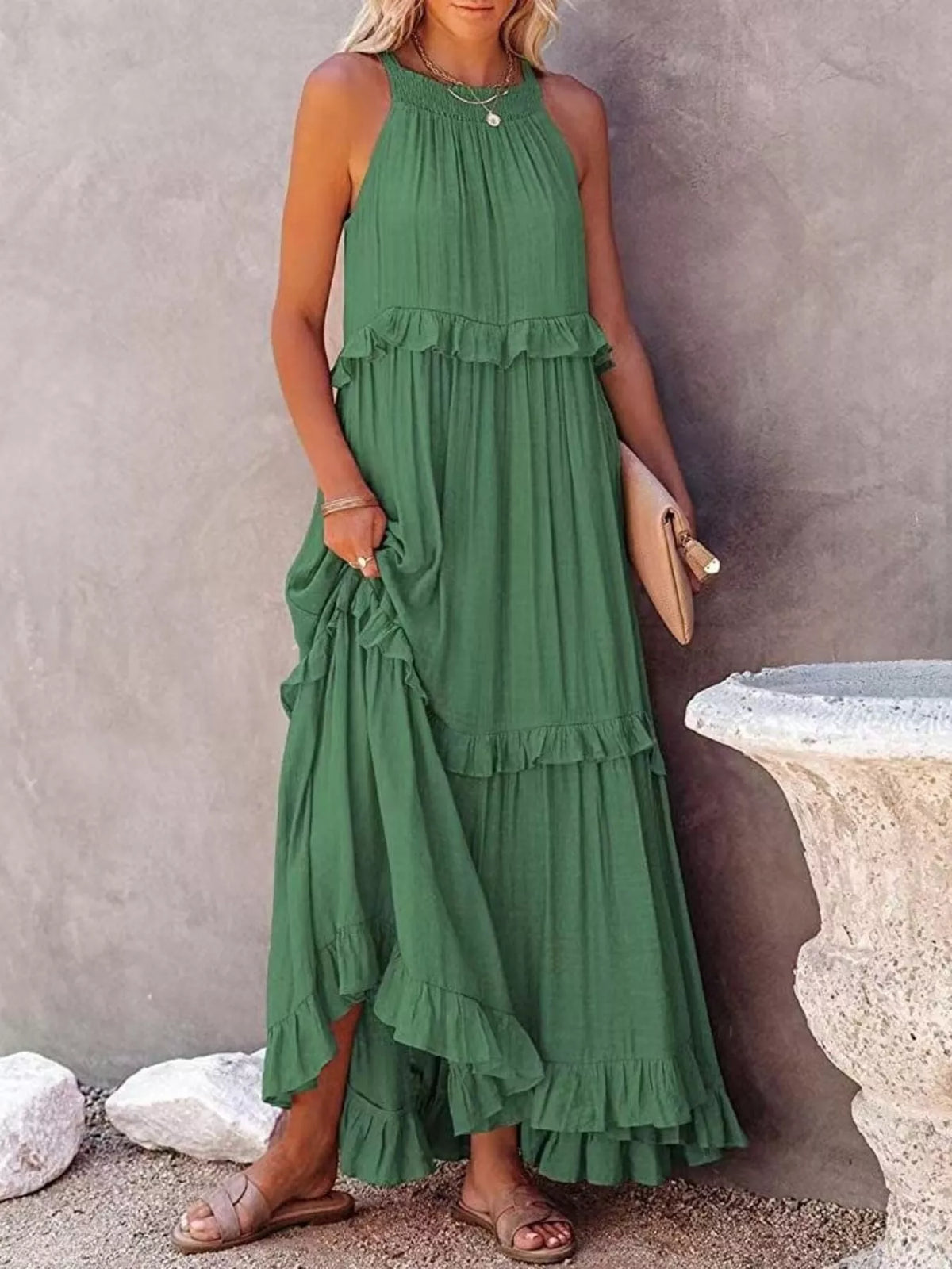 Plush Fashion Hub ruffled tiered sleeveless maxi dress with flowing fabric and layered design, perfect for summer or casual wear.