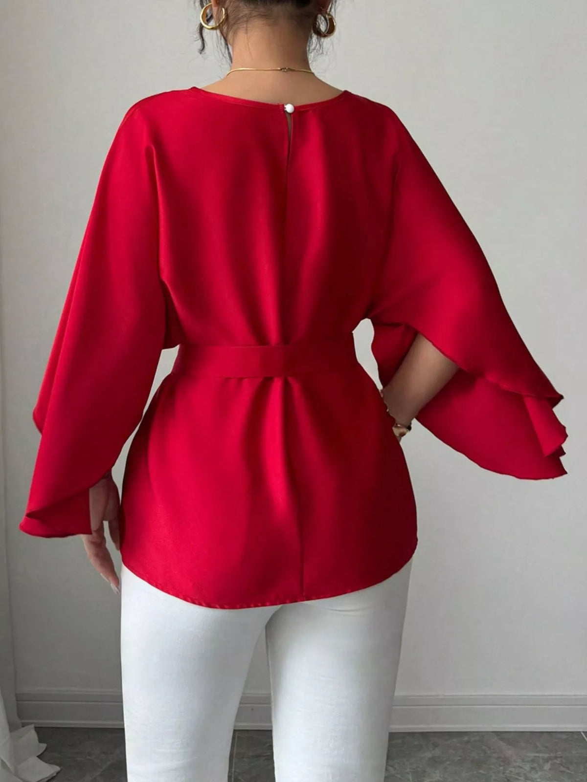 Batwing sleeve belted blouse from Plush Fashion Hub, stylish tops with flowy sleeves and a waist belt, perfect for casual or office wear.