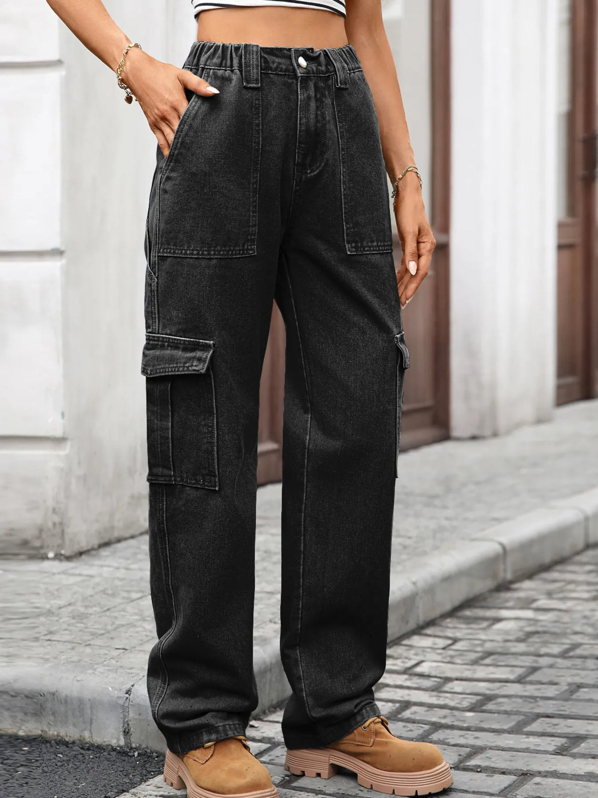 High-waisted cargo denim jeans from Plush Fashion Hub featuring a classic blue denim wash and multiple cargo pockets.