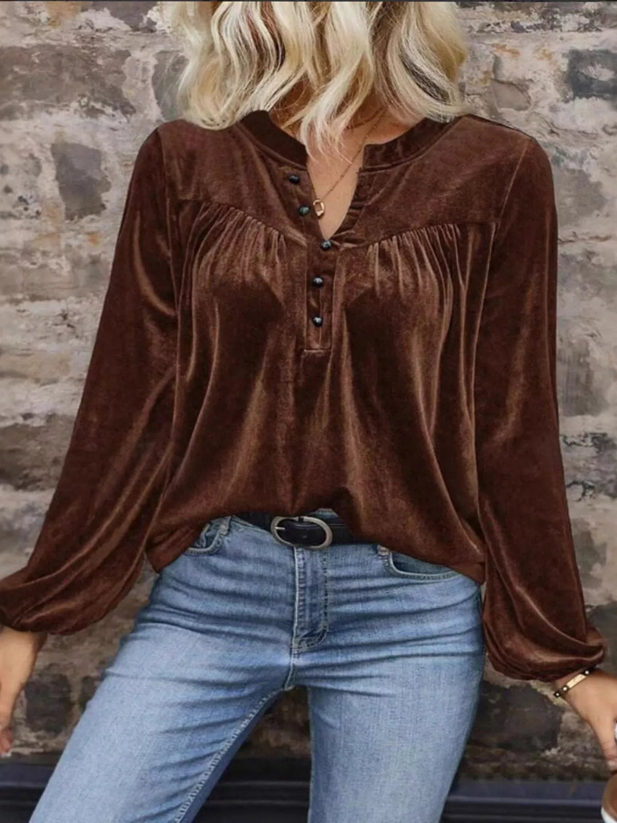 Simply Love velvet notched long sleeve blouse, featuring a stylish design with a notched collar and elegant long sleeves.