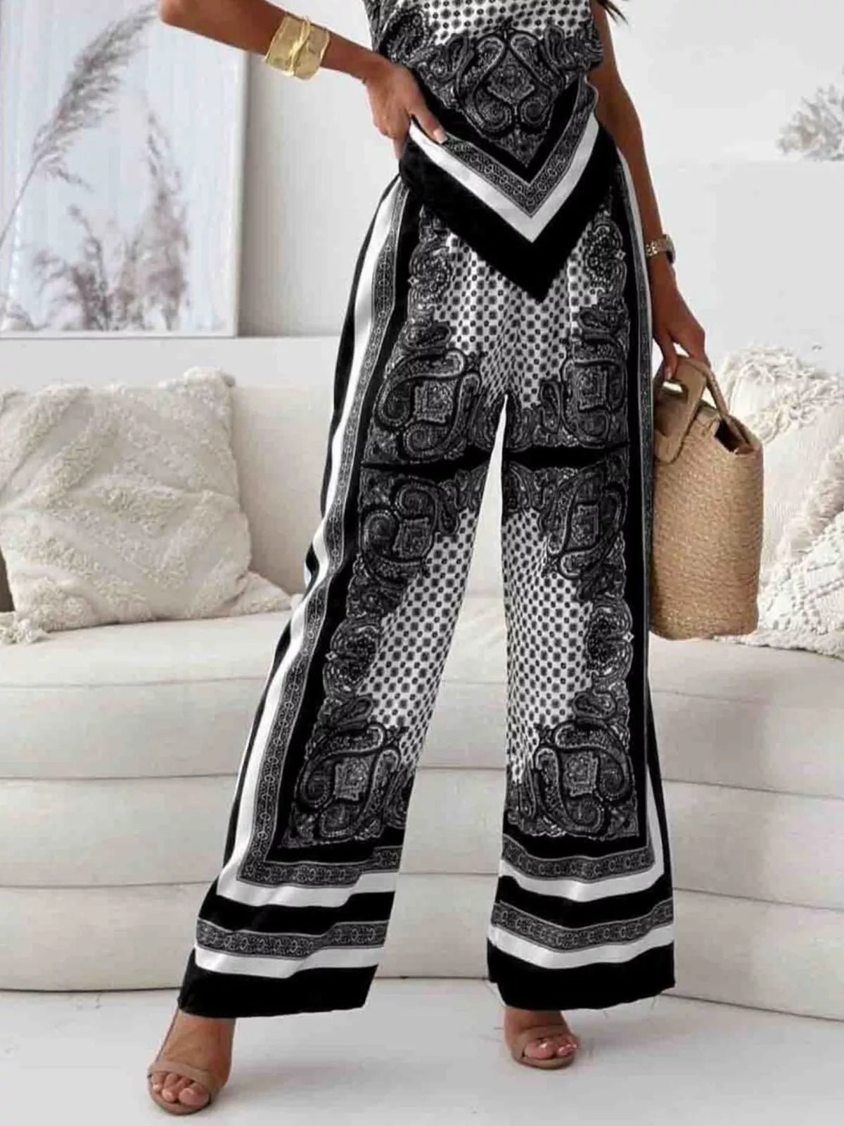 Printed cami and wide-leg pants loungewear set from Plush Fashion Hub, featuring a stylish printed top and flowing matching pants.