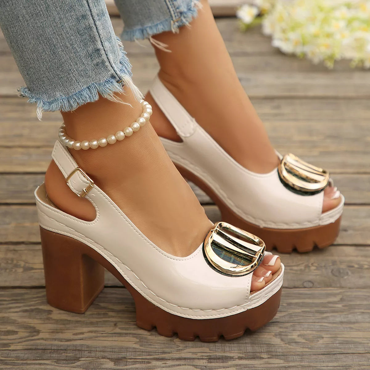 Plush Fashion Hub plush peep toe block heel sandals with a stylish design and comfortable heel height.