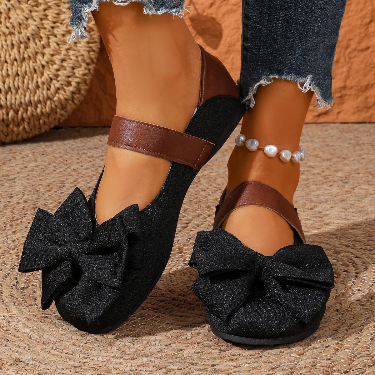 Women's vegan leather slip-on flats with round toe and chic bow, stylish and comfortable shoes from Plush Fashion Hub