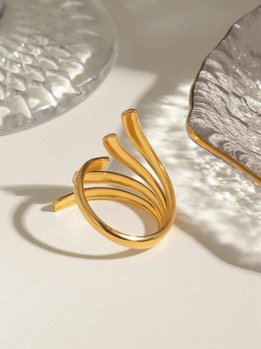 18K gold-plated stainless steel irregular open ring with a modern, minimalist design for stylish everyday wear.