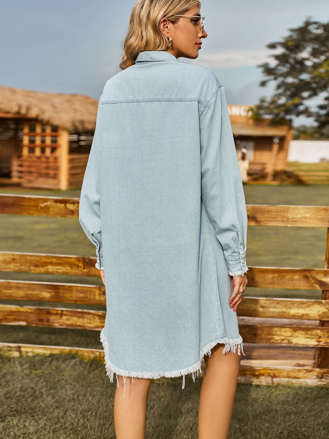 Plush Fashion Hub denim dress with a collared neckline, raw hem, button front, perfect for casual, stylish outfits.