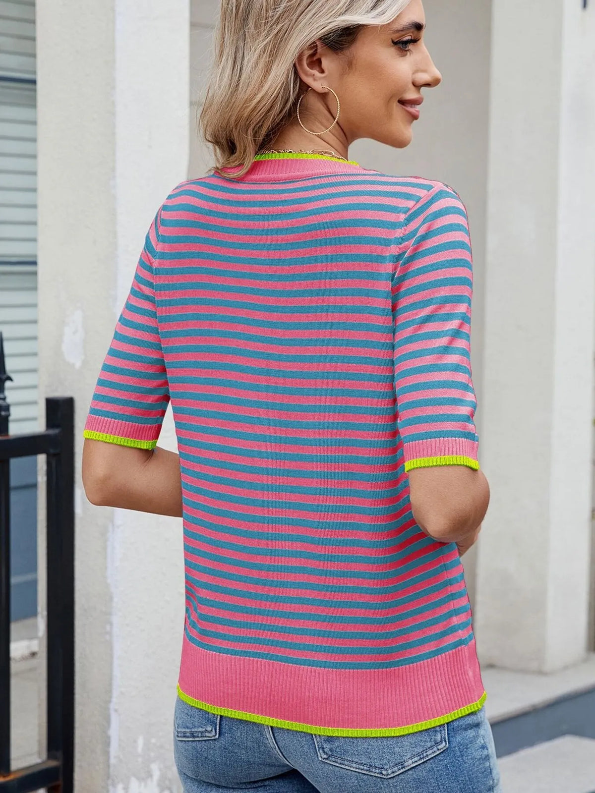 Striped casual T-shirt from Plush Fashion Hub with contrast trim, featuring a comfortable fit and stylish design.