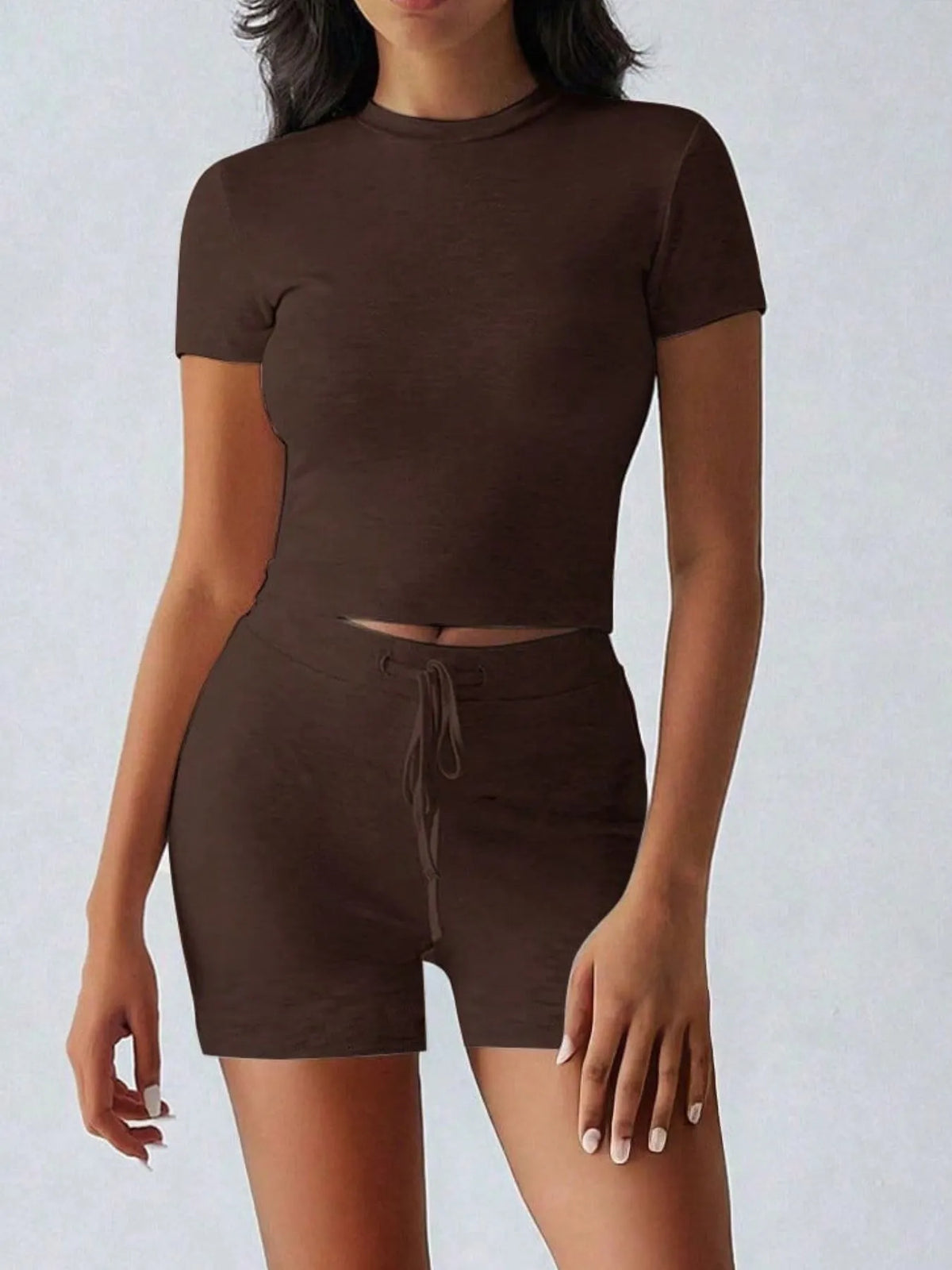Plush Fashion Hub activewear set with round neck short sleeve top and matching shorts, ideal for workout or casual wear.
