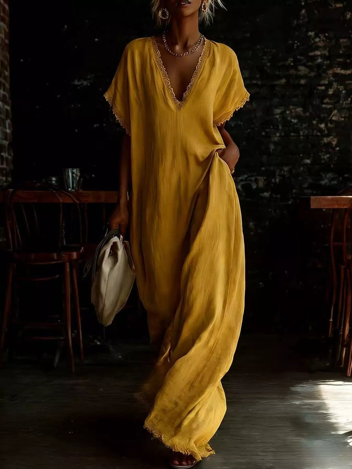 Plus size full-length maxi dress with lace trim and V-neck from Plush Fashion Hub, featuring elegant flowy fabric and stylish design.